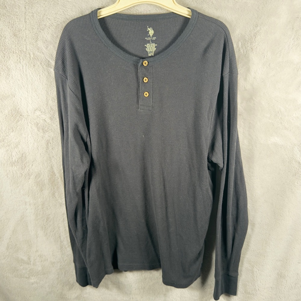 US Polo Assn Mens Long Sleeve Waffle Knit Henley Shirt Gray Size L Thermal‎